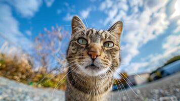 cerca arriba de un gato mirando a el cámara en el calle. foto