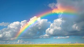 Beautiful rainbow over green meadow and blue sky with white clouds photo