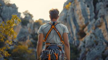 un hombre equipado con alpinismo engranaje, en pie antes de un imponente rock en el montañas foto