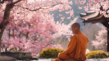 Buddhist monk sitting in the lotus position in front of a cherry blossom tree photo