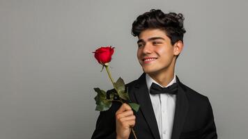 handsome young man holding rose and looking at camera photo