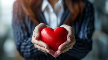 mujer de negocios participación rojo corazón en su manos, san valentin día concepto foto