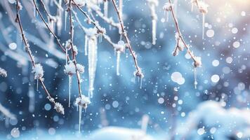 Frozen tree branches with snowflakes and ice crystals in winter photo