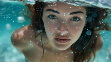 de cerca retrato de un joven hermosa niña debajo el agua. foto
