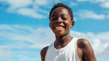 Running boy on the background of blue sky and clouds. photo