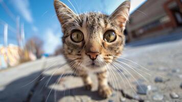 Close up of a cat looking at the camera on the street. photo