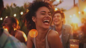 a woman laughing with a group of people in the background photo