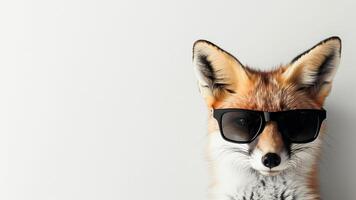 red fox wearing sunglasses on white background with copy space close up photo