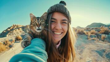 Young woman taking selfie with her cat in the desert. Travel concept.Portrait of a beautiful sad girl. Black and white photo. photo