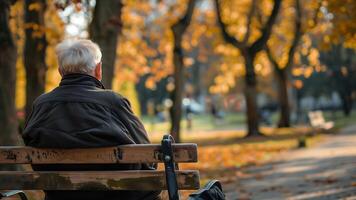 Elderly man sitting on a bench in the autumn park. photo