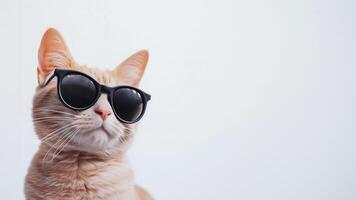 linda jengibre gato vistiendo Gafas de sol en blanco antecedentes con Copiar espacio. foto