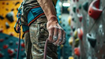 Close-up of a rock climber's hand holding a rope photo