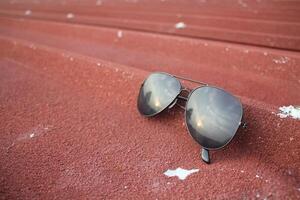 A morning view reflected through glasses. photo