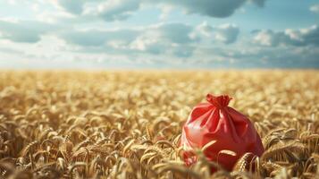 AI generated A red fertilizer bag is placed on a golden wheat field. The sun is shining, beginning of autumn, Field, good harvest, small ears of wheat in the distance. photo
