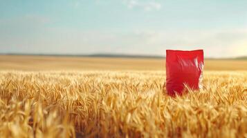 AI generated A red fertilizer bag is placed on a golden wheat field. The sun is shining, beginning of autumn, Field, good harvest, small ears of wheat in the distance. photo