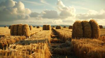 AI generated Vast endless field with haystacks. Generated by artificial intelligence. photo