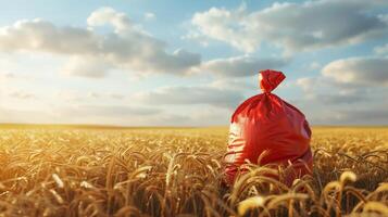 AI generated A red fertilizer bag is placed on a golden wheat field. The sun is shining, beginning of autumn, Field, good harvest, small ears of wheat in the distance. photo