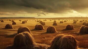 AI generated Vast endless field with haystacks. Generated by artificial intelligence. photo