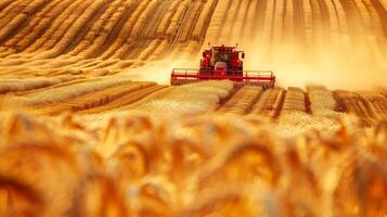 ai generado foto de segador trabajando en un trigo campo. generado por artificial inteligencia.