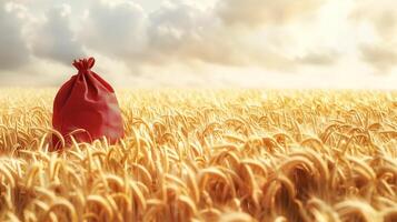 AI generated A red fertilizer bag is placed on a golden wheat field. The sun is shining, beginning of autumn, Field, good harvest, small ears of wheat in the distance. photo