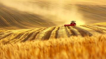 ai generado foto de segador trabajando en un trigo campo. generado por artificial inteligencia.