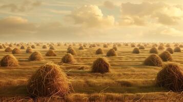 AI generated Vast endless field with haystacks. Generated by artificial intelligence. photo