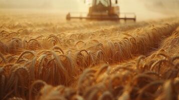 AI generated Photo of harvester working in a wheat field. Generated by artificial intelligence.