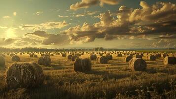 AI generated Vast endless field with haystacks. Generated by artificial intelligence. photo