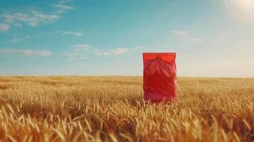 AI generated A red fertilizer bag is placed on a golden wheat field. The sun is shining, beginning of autumn, Field, good harvest, small ears of wheat in the distance. photo