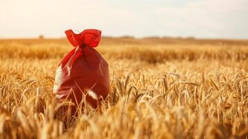 AI generated A red fertilizer bag is placed on a golden wheat field. The sun is shining, beginning of autumn, Field, good harvest, small ears of wheat in the distance. photo