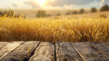 AI generated A table in front of wheat field. Generated by artificial intelligence. photo