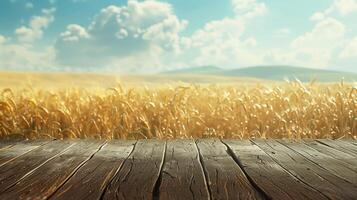 AI generated A table in front of wheat field. Generated by artificial intelligence. photo