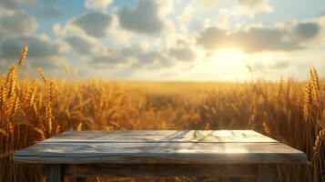 AI generated A table in front of wheat field. Generated by artificial intelligence. photo