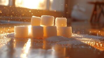 AI generated The white sugar cubes on the table with beautiful of light. Generated by artificial intelligence. photo