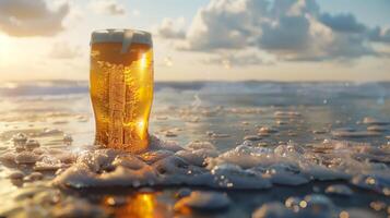 AI generated A glass of beer that looks very cool on the beach, sunny weathe. Generated by artificial intelligence. photo