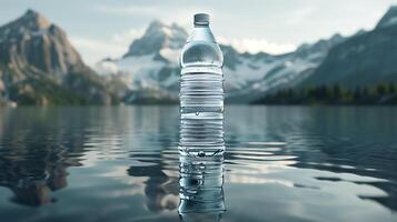 AI generated A bottle of water against the backdrop of a mountain river. Generated by artificial intelligence. photo