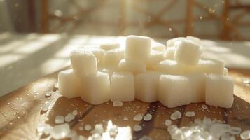 ai generado el blanco azúcar cubitos en el mesa con hermosa de ligero. generado por artificial inteligencia. foto