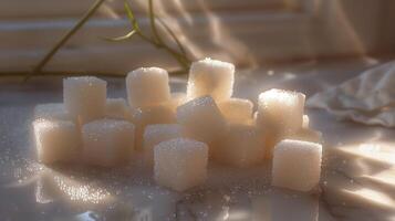 AI generated The white sugar cubes on the table with beautiful of light. Generated by artificial intelligence. photo