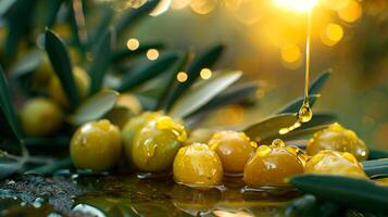 AI generated The green olives and olive oil with simple clear background. Generated by artificial intelligence. photo