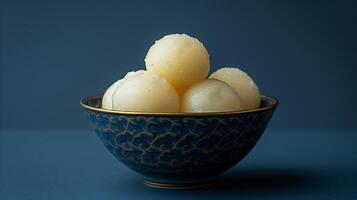 AI generated The rasgullas kept in a shallow bowl, dipped in sugar syrup.  Luxuious indian background. Plain deep navy blue background. Generated by artificial intelligence. photo