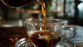 AI generated A cup of black coffee. Coffee being poured into the glass crystal cup. Generated by artificial intelligence. photo