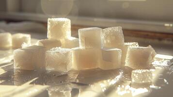 AI generated The white sugar cubes on the table with beautiful of light. Generated by artificial intelligence. photo