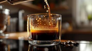 AI generated A cup of black coffee. Coffee being poured into the glass crystal cup. Generated by artificial intelligence. photo