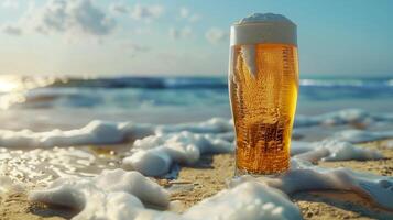 ai generado un vaso de cerveza ese mira muy frio en el playa, soleado clima. generado por artificial inteligencia. foto