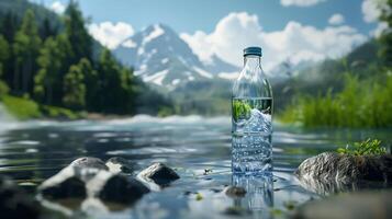 AI generated A bottle of water against the backdrop of a mountain river. Generated by artificial intelligence. photo