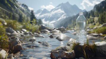 AI generated A bottle of water against the backdrop of a mountain river. Generated by artificial intelligence. photo