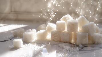 ai generado el blanco azúcar cubitos en el mesa con hermosa de ligero. generado por artificial inteligencia. foto