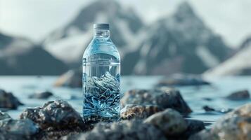 ai generado un botella de agua en contra el fondo de un montaña río. generado por artificial inteligencia. foto