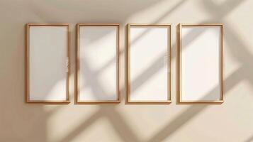 AI generated Four empty wooden frames hanging on a beige colored wall. The frames are modern and stylish. The frames cast a small shadow. Generated by artificial intelligence. photo