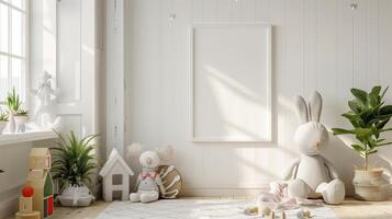 AI generated The trendy interier nursery kids room with a blank frame on the wall. Generated by artificial intelligence. photo